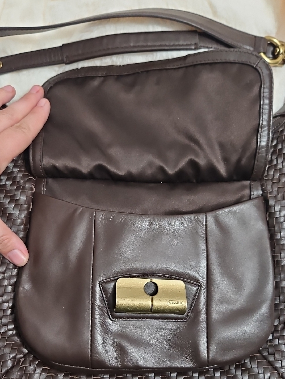 Coach Kristen Woven Leather Crossbody Bag Brown | Turnlock Flap - Picture 4 of 13
